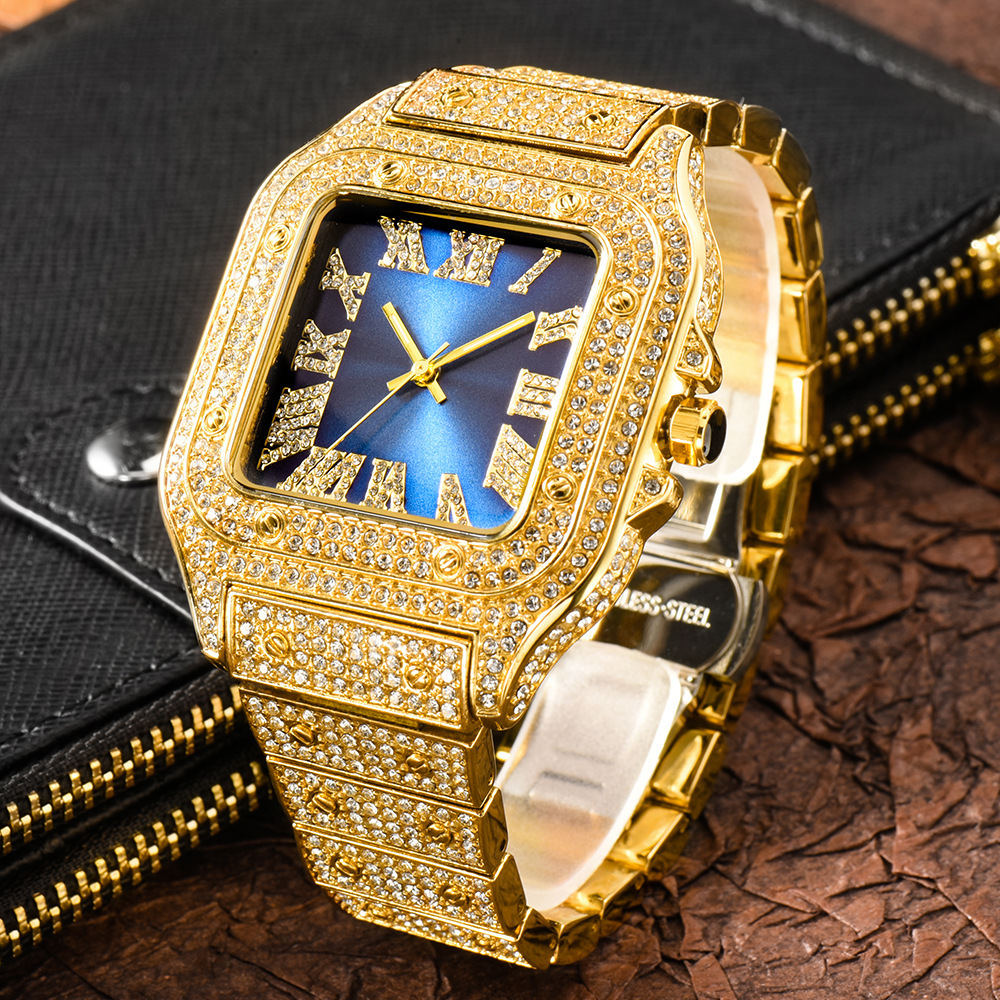 New Starry Diamond Men&#039;s Quartz Watch Square Stainless Steel Hip-Hop Fashion Diamond Watch