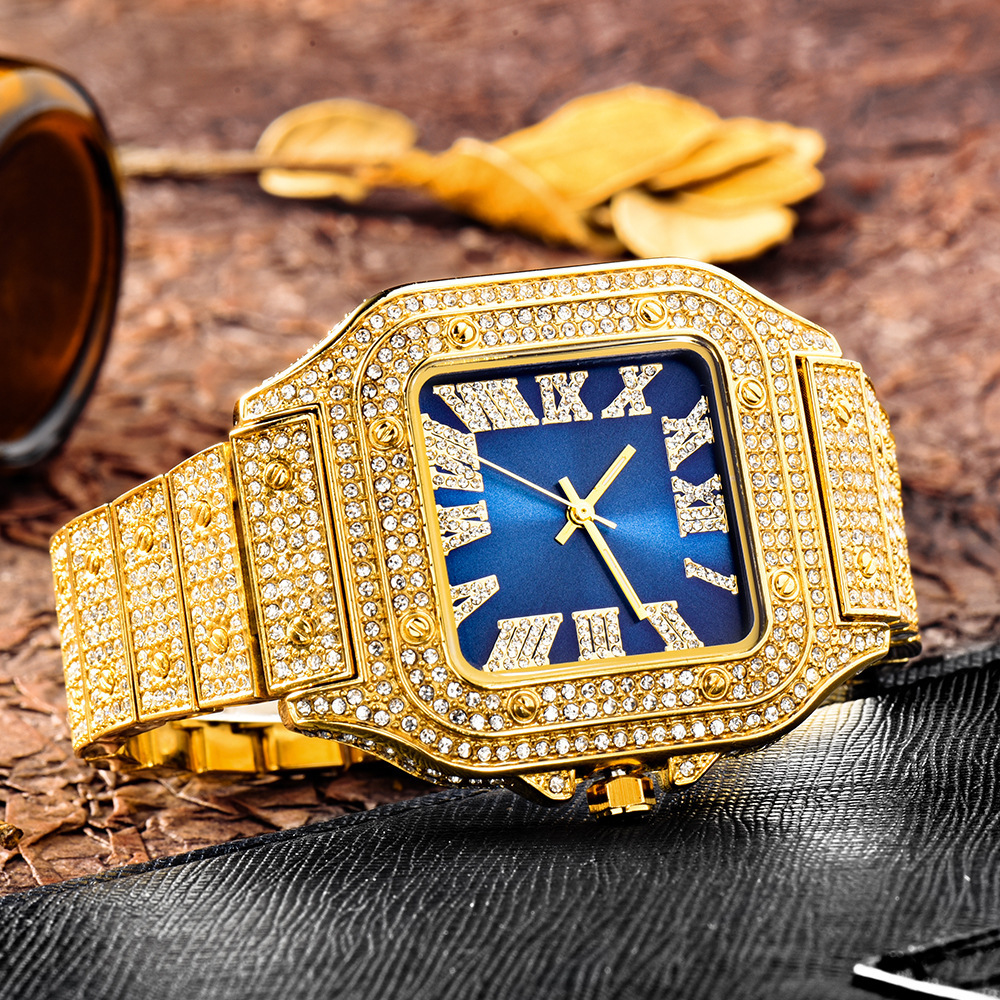 New Starry Diamond Men&#039;s Quartz Watch Square Stainless Steel Hip-Hop Fashion Diamond Watch