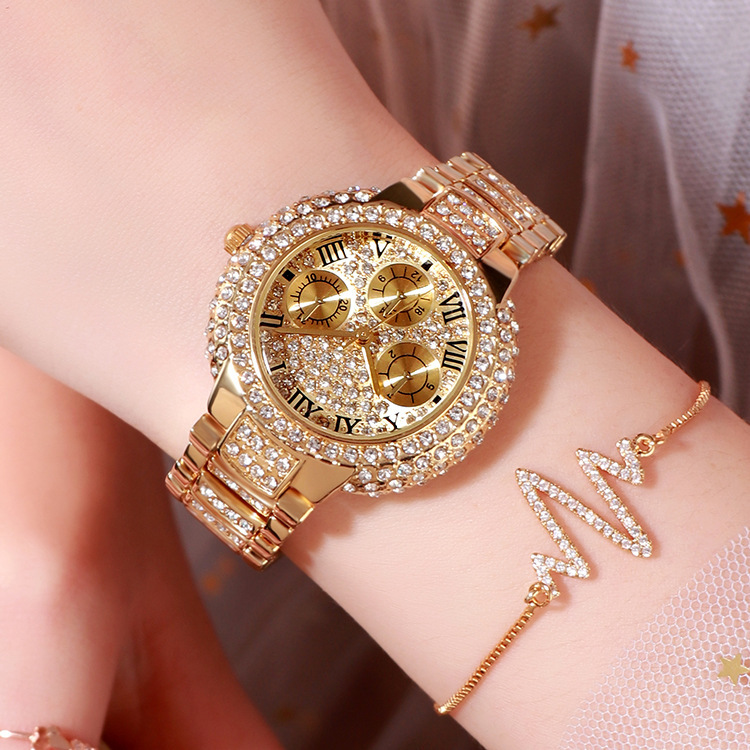 New Bracelet Set Watch Manufacturer&#039;s Self-Operated Foreign Trade Diamond Three-Eye Set Full Diamond Silver Powder 8093 