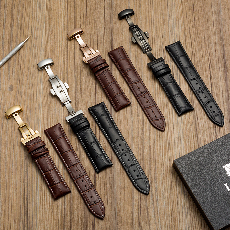 Hot Spot First Layer Cow Leather Watch Strap Butterfly Buckle Watch Accessories Gift Box Genuine Leather Watch Band Factory Wholesale