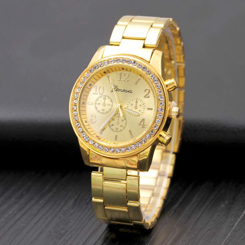 Hot Geneva Three-Eye Diamond Alloy Watch Women&#039;s European and American Steel Belt Casual Ornament Watch Wholesale