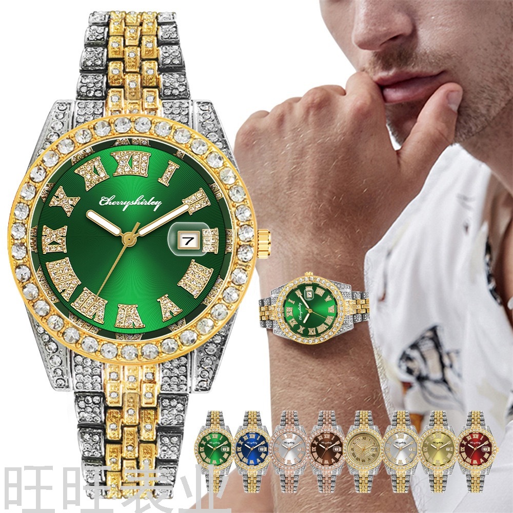 Men&#039;s Steel Watch Big Rhinestone Diamond Men&#039;s Watch Roman Scale Calendar Hip Hop Watch Gold Green Full Diamond Watch