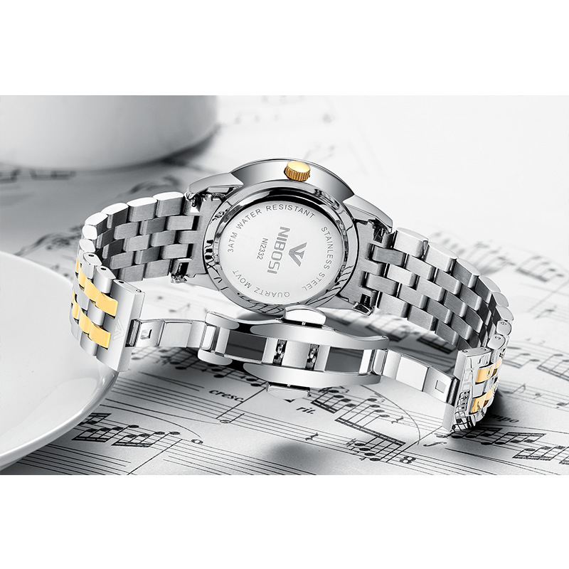 Nibosi Korean Style Gold Double Calendar Solid Steel Watch Trendy Butterfly Snap Deep Waterproof Men&#039;s Watch