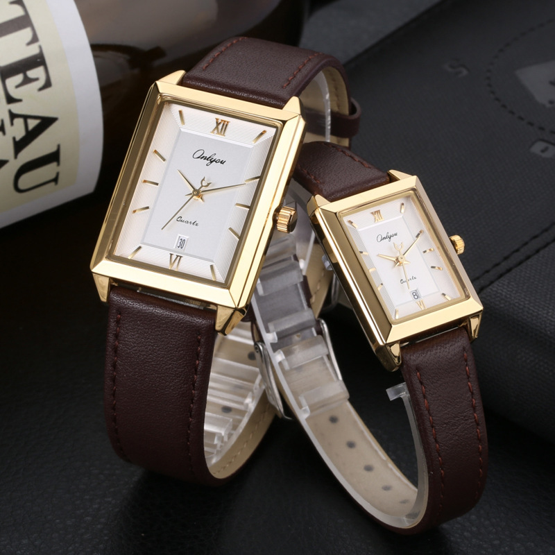 Olini New Simple Casual Square Belt Couple Roman Dial Large Calendar Metal Watch