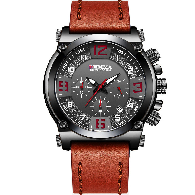 High-End Fashion Men&#039;s Three Eyes and Six Needles Multi-Functional Sports Leather Luminous Waterproof Watch Sport Watch