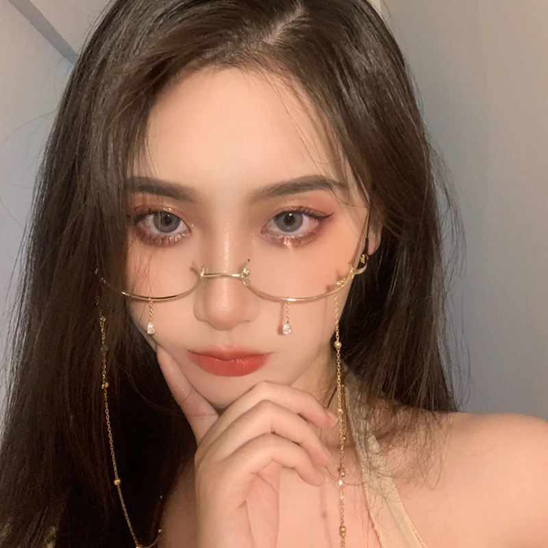 Glasses Semi-Rimless Glasses Women&#039;s Water Drop Lens-Free Decorative Cos Two-Dimensional Glasses Frame with Chain