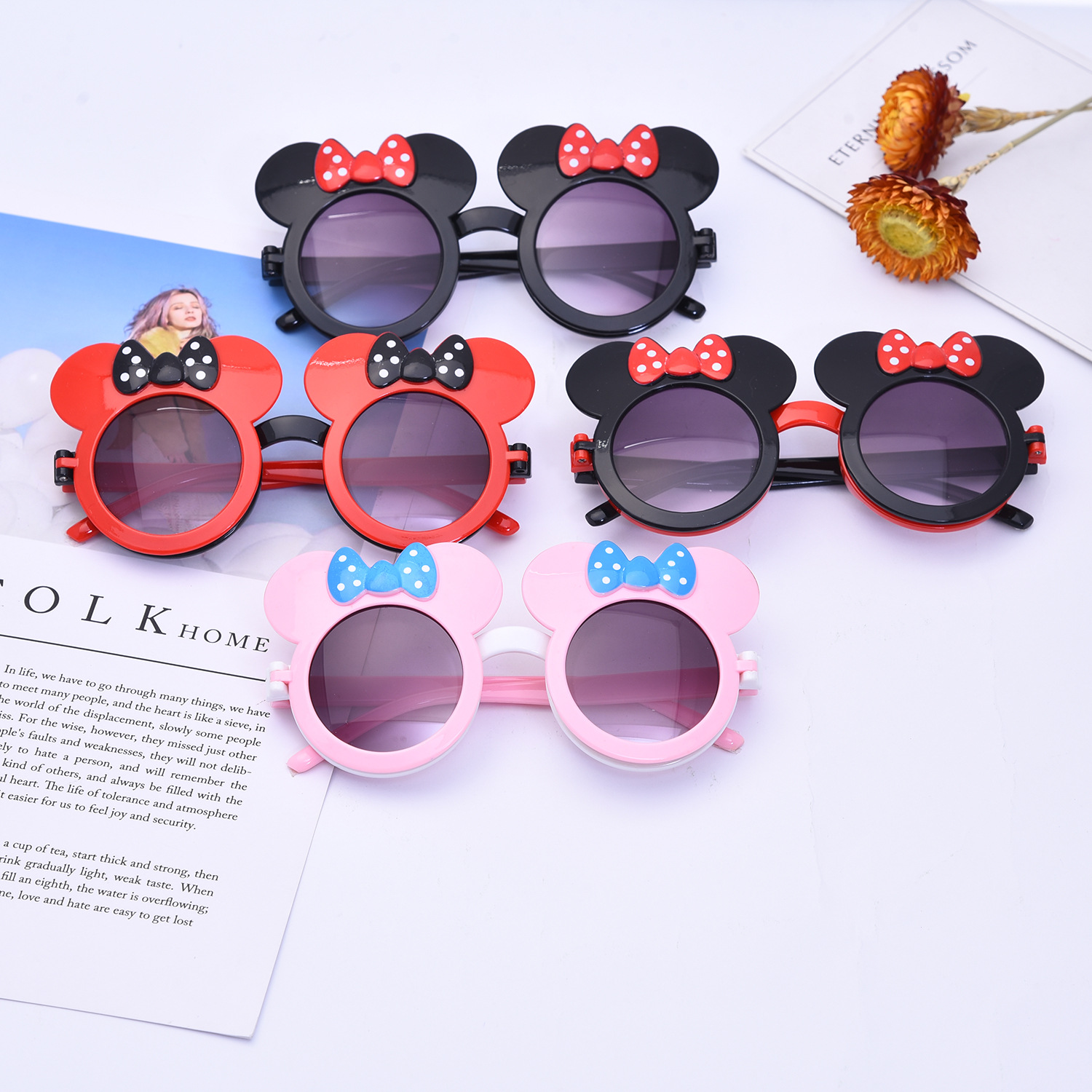 Mickey Bow Children&#039;s Sunglasses Children&#039;s Sunglasses Baby Flip Sunshade Plain Glasses Wholesale