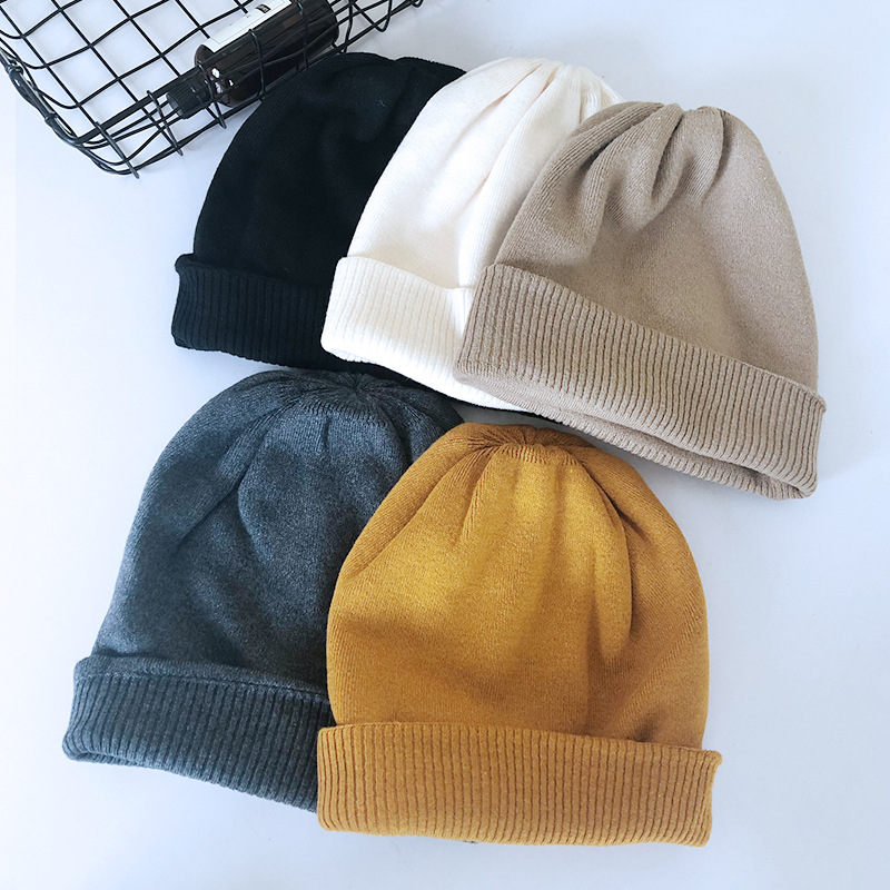 Autumn and winter knitted hat pure color new knitted melon skin hat knitted warm knit double layer wool hat spot