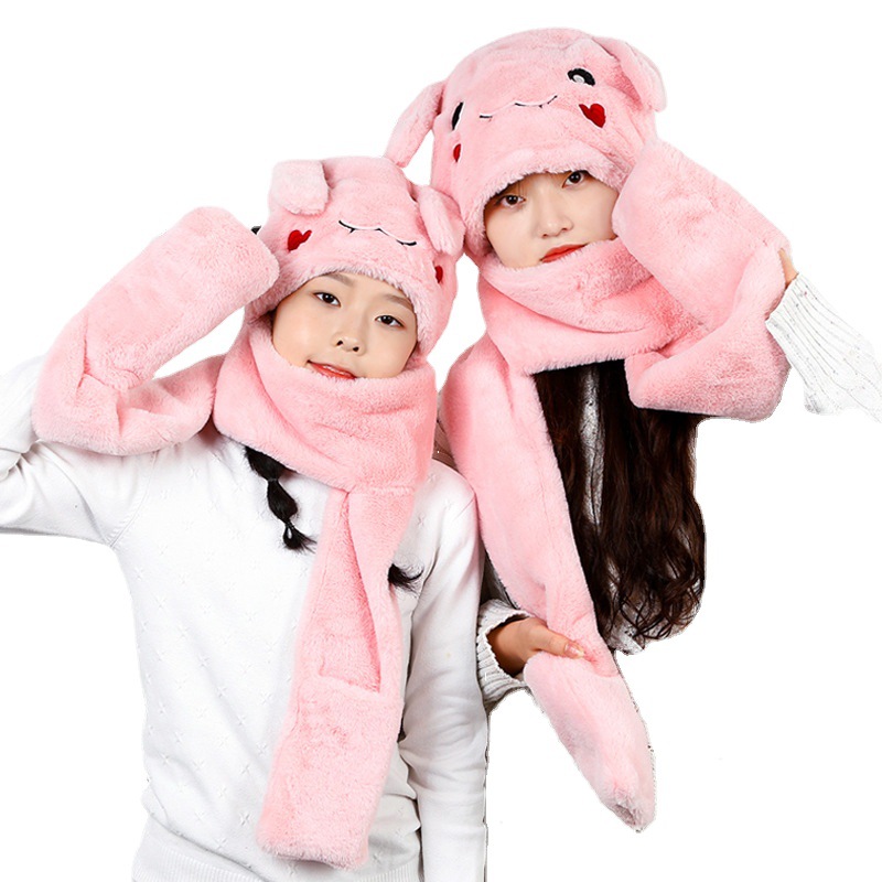 Plush Hat Scarf Gloves for Women Winter Korean Style Cute Bear Ears Thickened Thermal Leisure cap Scarf