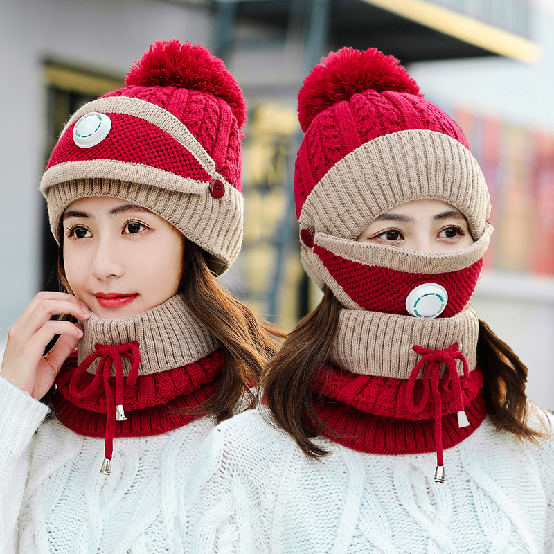 Hat Female Winter Fleece-Lined Thick Woolen Cap Scarf Mask Set Windproof Cycling Leisure cap  scarf