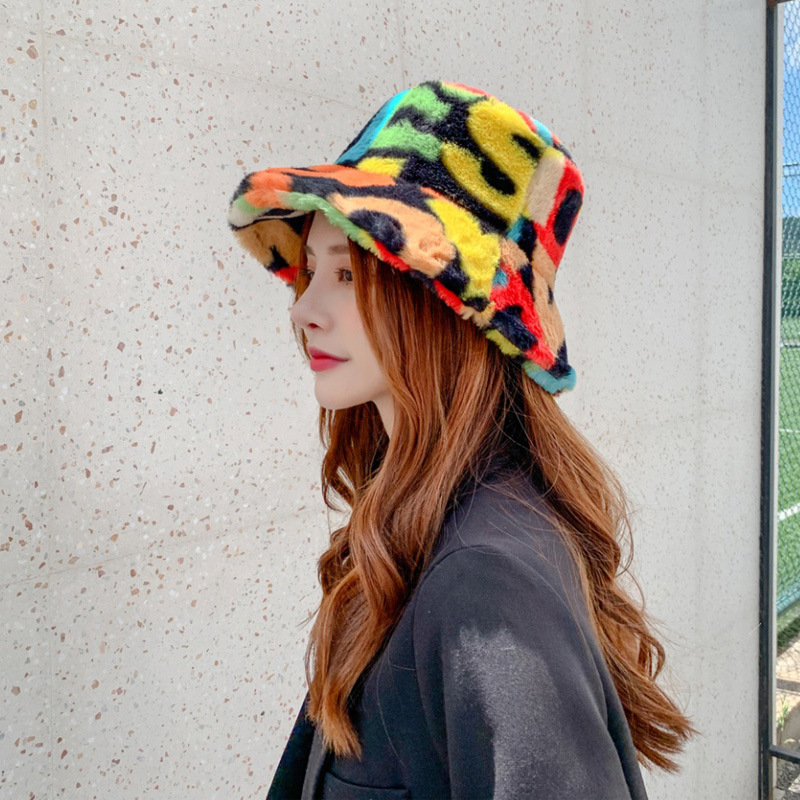 Plush Fisherman Hat Women&#039;s Autumn and Winter Color Pattern Korean Fashion All-Match Japanese-Style and Leisure cap