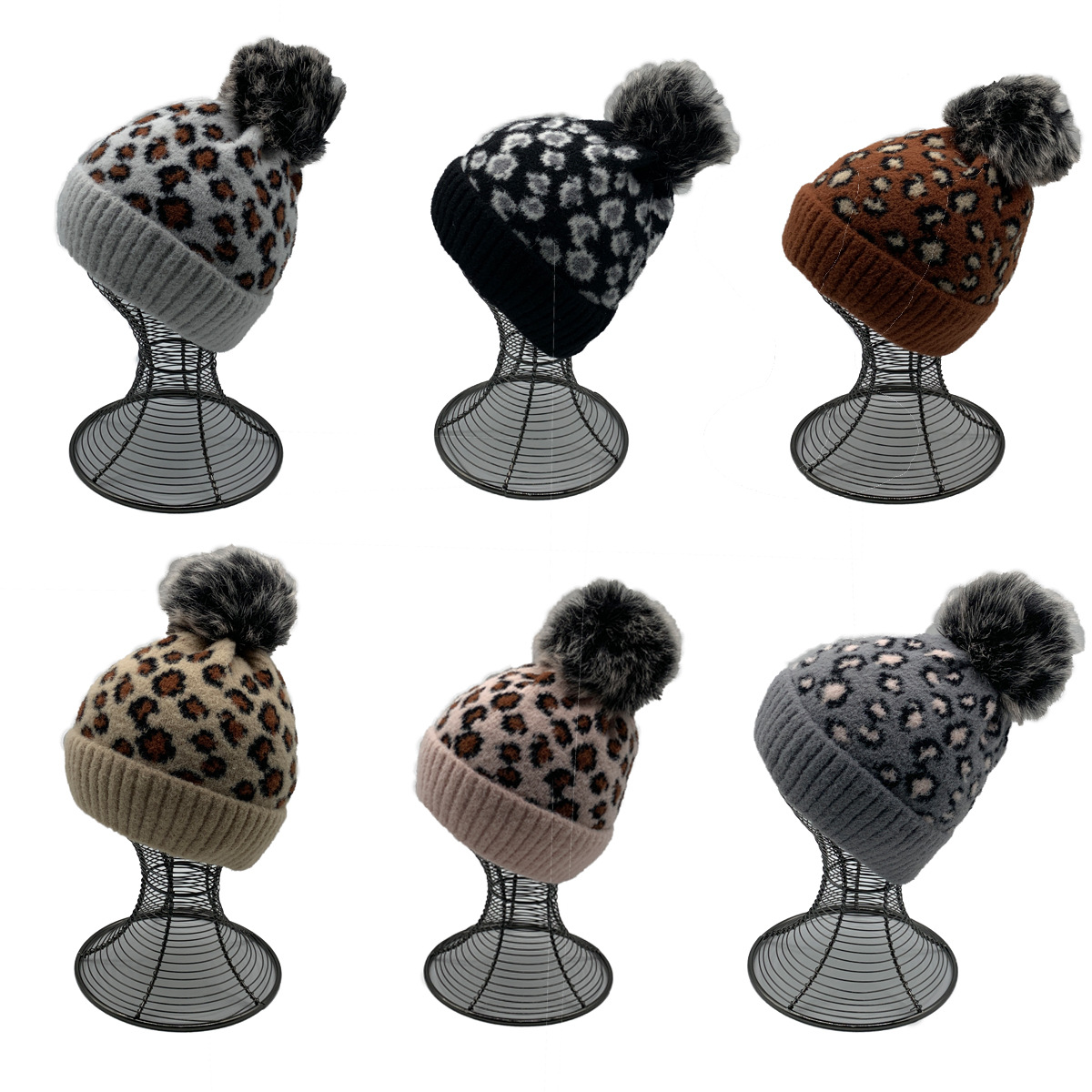 Autumn and Winter Leopard Jacquard Detachable Fluffy Ball Cap Knitted Warm Plush Hat Parent-Child Popular Leopard Print Sleeve Cap