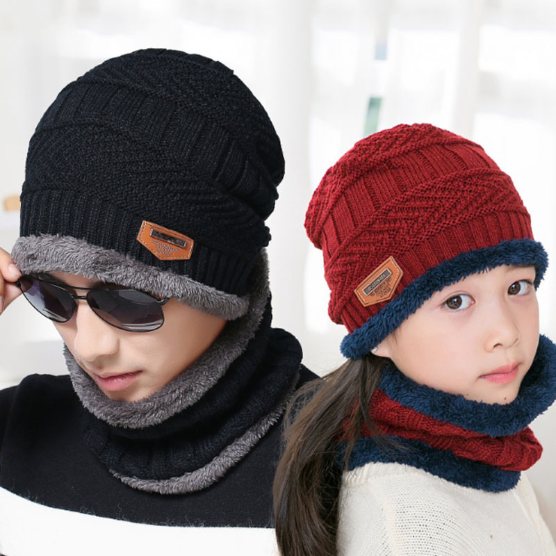 Men&#039;s Knitted Hat Pouch Scarf Two-Piece Set Parent-child cap