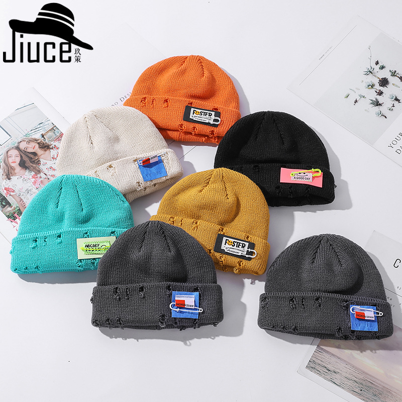 Parent-Child Woolen Cap Korean Double-Layer Thickened Make Old Ripped Cloth Label Knitted Hat Parent-child cap