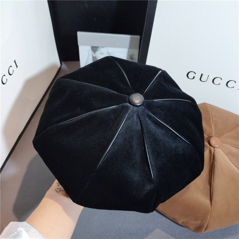 Japanese Style Gold Velvet Artistic Beret Women&#039;s Leather Edging Painter Cap Korean Style Retro Lady Hat