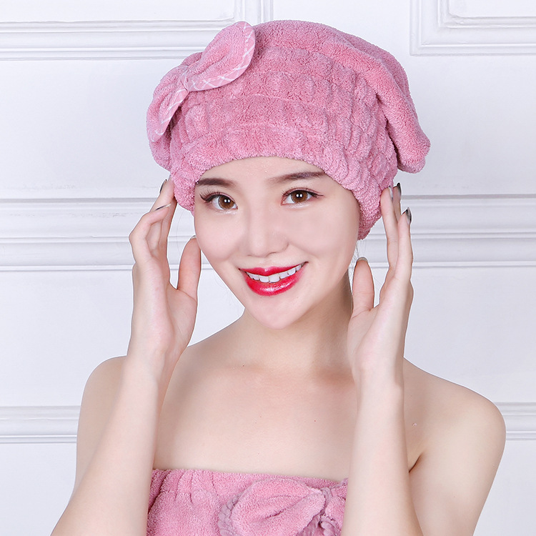 Warp knitted coral Velvet dry hair cap with adult cute bow thickening water Absorbent soft dry hair cap without fading