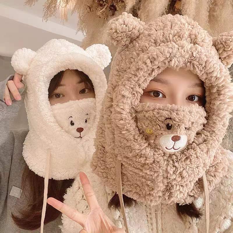 Cute Bear Hat Women&#039;s Autumn and Winter Korean Style Windproof Cycling Warm Ear Protection Mask Scarf Integrated Plush Ushanka