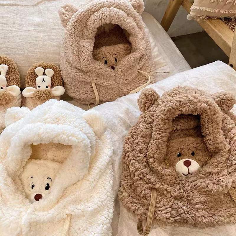 Cute Bear Hat Women&#039;s Autumn and Winter Korean Style Windproof Cycling Warm Ear Protection Mask Scarf Integrated Plush Ushanka