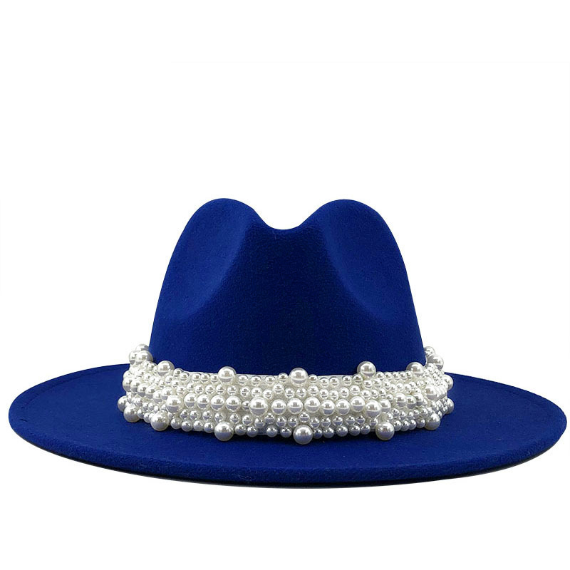 British Style Fashionable Elegant Fedora Hat Pearl Top Hat Broad-Brimmed Hat Women&#039;s Woolen Hat 56-58-60cm