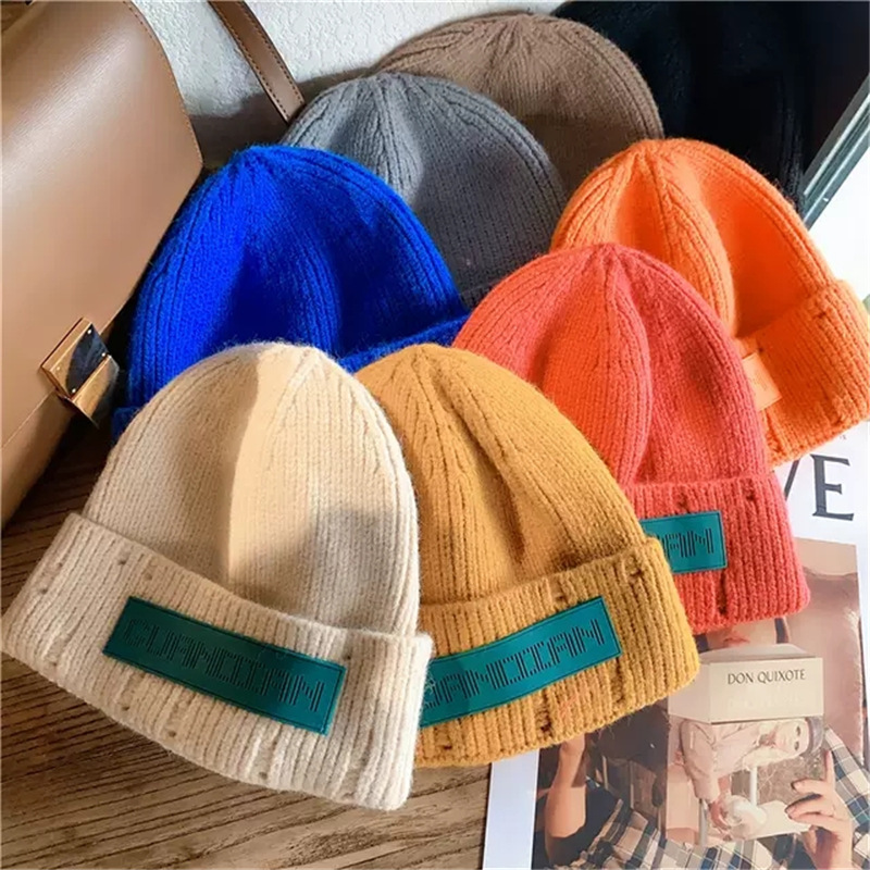 Autumn and Winter New Leather Logo Letter Beanie Hat Knitted Hat Korean Trendy Couple Fashion Student Warm Woolen Hat