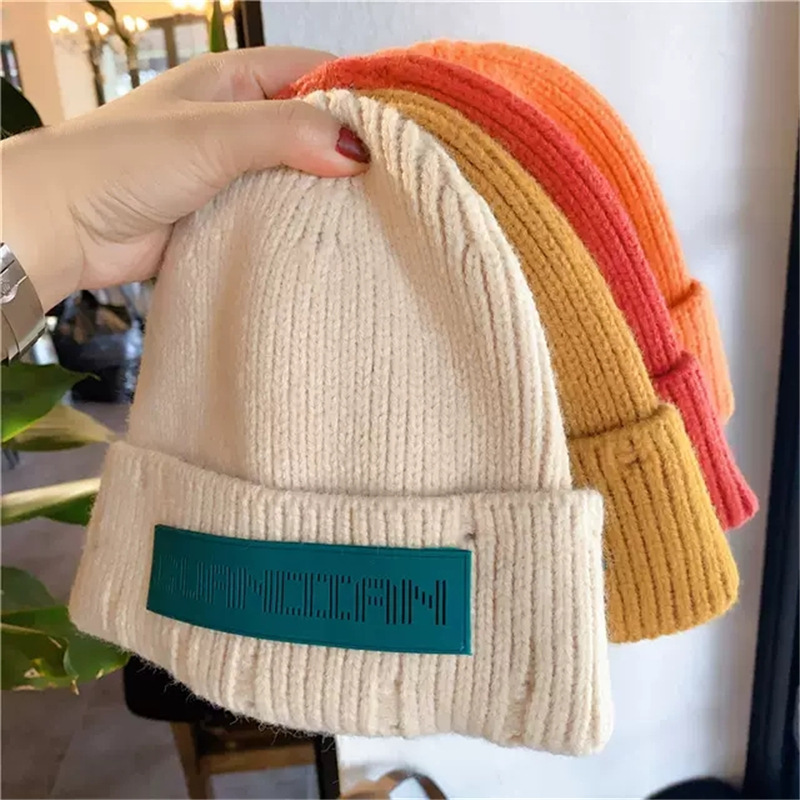 Autumn and Winter New Leather Logo Letter Beanie Hat Knitted Hat Korean Trendy Couple Fashion Student Warm Woolen Hat