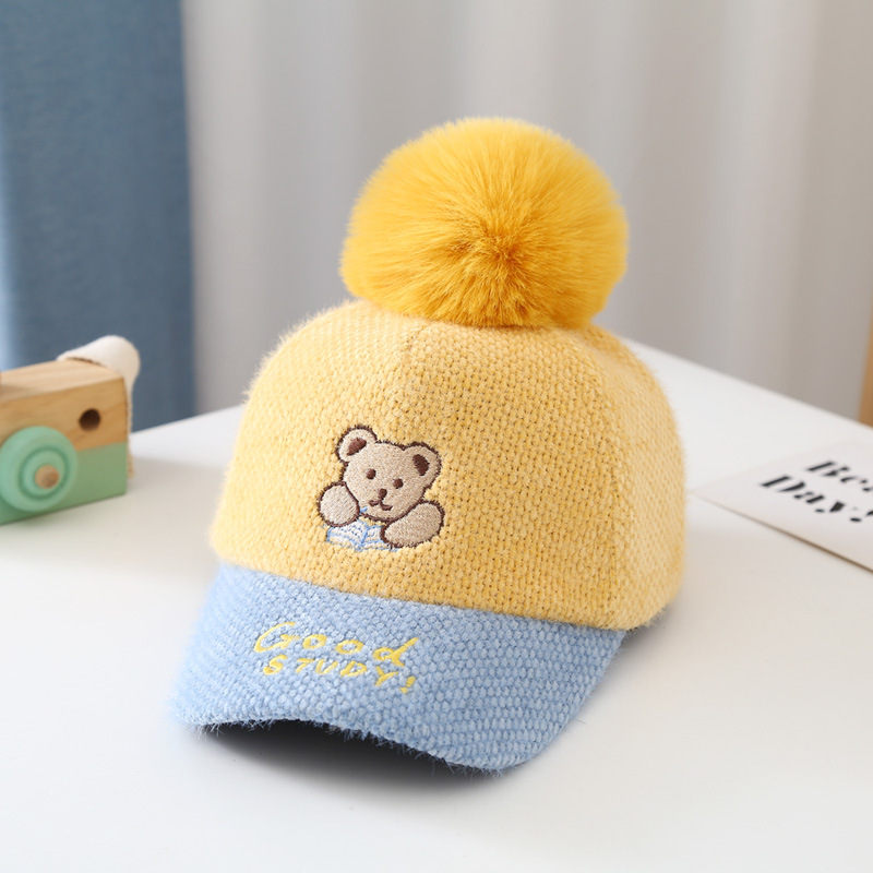 Hat Winter Thicken Thermal Cute Lying Bear Fur Ball Hair Ni Boys&#039; Baseball Cap Girls&#039; Peaked Cap Children&#039;s cap