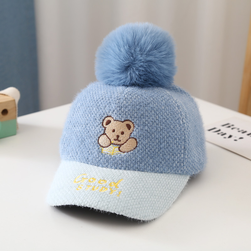 Hat Winter Thicken Thermal Cute Lying Bear Fur Ball Hair Ni Boys&#039; Baseball Cap Girls&#039; Peaked Cap Children&#039;s cap