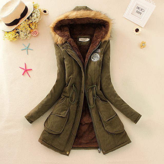 2021 Winter Clothing New Women&#039;s Clothing Army Cap Peach Skin Fabric Hooded Fur Collar Waist-Tight Fleece Lined Padded Warm Keeping Mid-Length Cotton-Padded Coat
