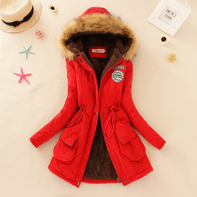 2021 Winter Clothing New Women&#039;s Clothing Army Cap Peach Skin Fabric Hooded Fur Collar Waist-Tight Fleece Lined Padded Warm Keeping Mid-Length Cotton-Padded Coat