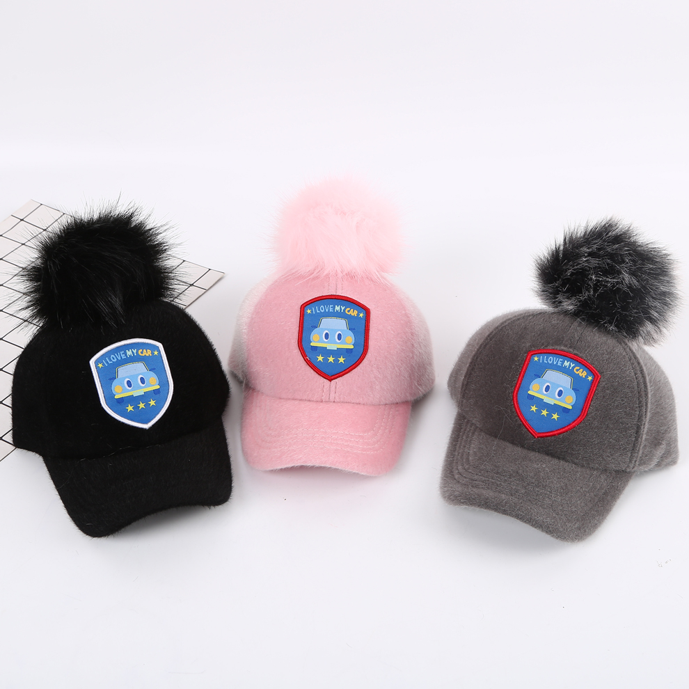 Children&#039;s Hat Autumn and Winter Plush Big Fur Ball Peaked Cap Boys and Girls Cute Baseball Cap Comfortable Warm Travel Cap