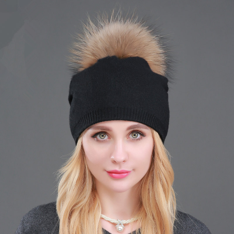 Foreign Trade Cross-Border Autumn And Winter Women &#039;S Knitted Wool Cap Fur Raccoon Ball Warm Wool Fur cap