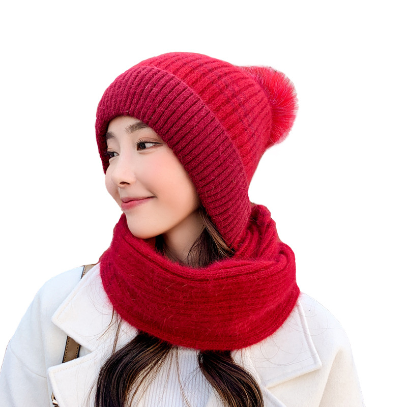One-Piece Wool Fluffy Ball Cap Warm Thickened Hat Women&#039;s Autumn and Winter Knitted Sleeve Cap Fur cap