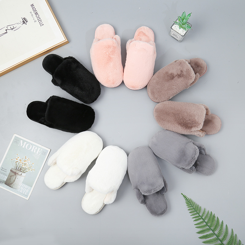 Factory Cross-Border Amazon Slippers Autumn and Winter Plush Cotton Slippers Indoor Warm Fluffy Slippers Women&#039;s Toe Cap Long Rabbit Fur