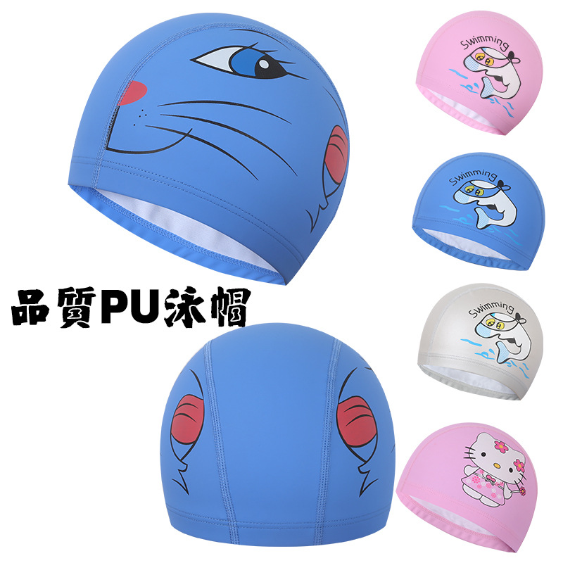 New Children&#039;s PU Coating Cartoon Swimming Cap Children&#039;s Swimming Cap Waterproof Ear Protection Pu Hat Dolphin Pattern