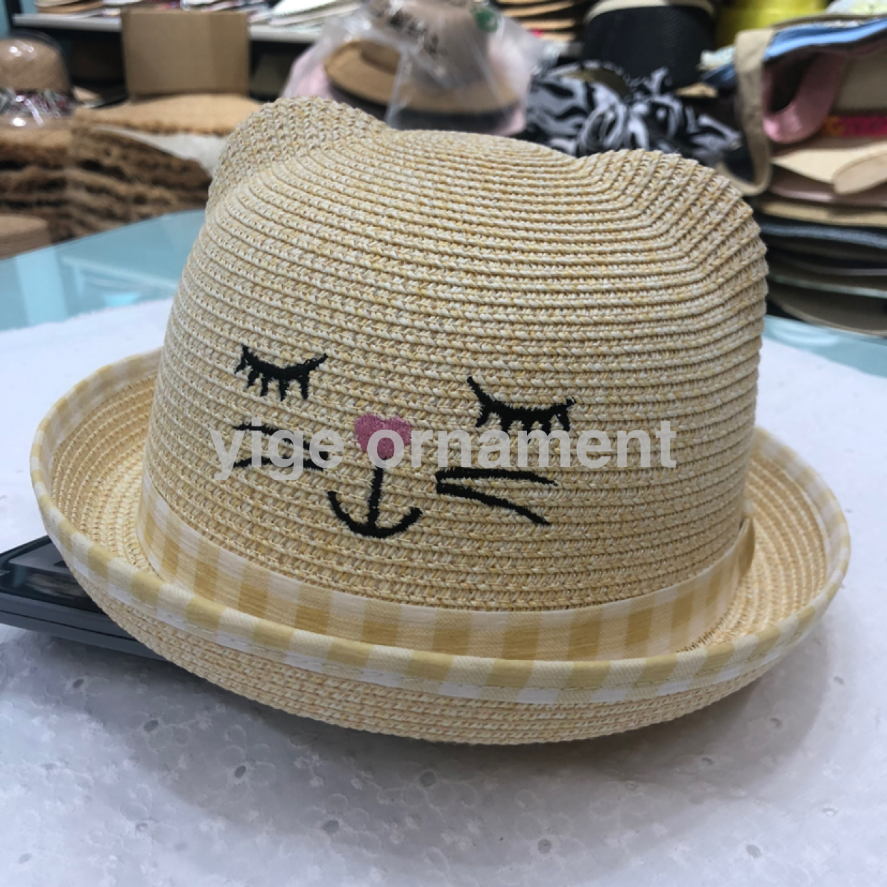 Children&#039;s Kitten Embroidery Plaid Decoration Summer Straw Hat European and American Fashion High Quality Children Hat