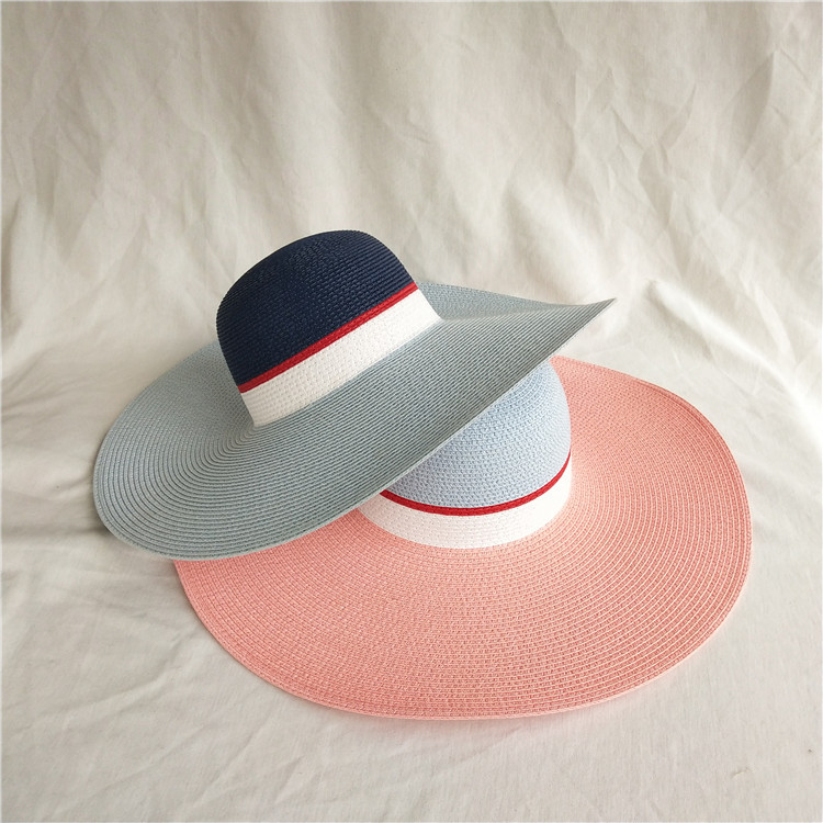 Contrast Color Seaside Wide Brim Hat Sun-Proof Straw Hat Fashion Trendy Net Red Brim Straw Hat Factory Custom