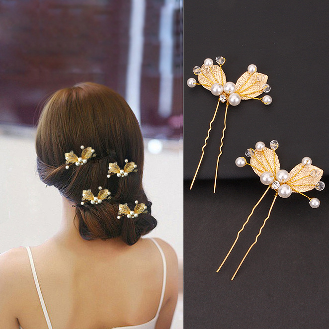 Style Hair Plug Updo U-Shaped Plug Simple Fashionable Golden Leaves Hair Clasp Bride Hairpin Hair Clip Hairpin U hairpin