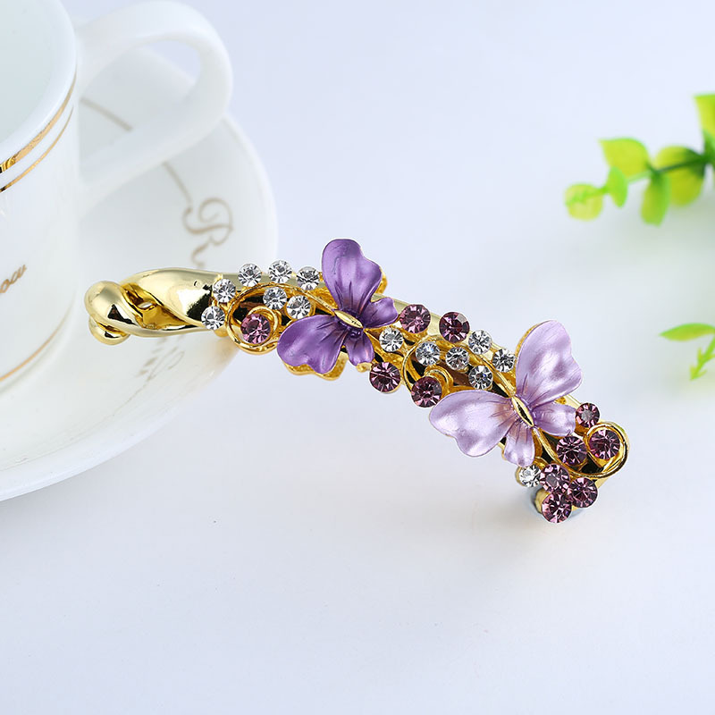 Korean Rhinestone Bow Barrettes Women&#039;s Ponytail Vertical Clip Paint Double Butterfly Banana Clip Banana Hairpin