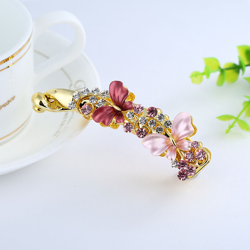 Korean Rhinestone Bow Barrettes Women&#039;s Ponytail Vertical Clip Paint Double Butterfly Banana Clip Banana Hairpin