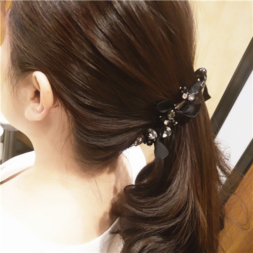Korean Dongdaemun New Handmade Crystal Banana Clip Fabric Bow Rhinestone Vertical Clip Barrettes Banana Hairpin