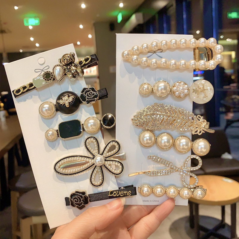 New 5-Piece Retro Barrettes Korean Style Side Clip Alloy Duckbill Clip Bang Clip Pearl Headdress Bear Hairpin