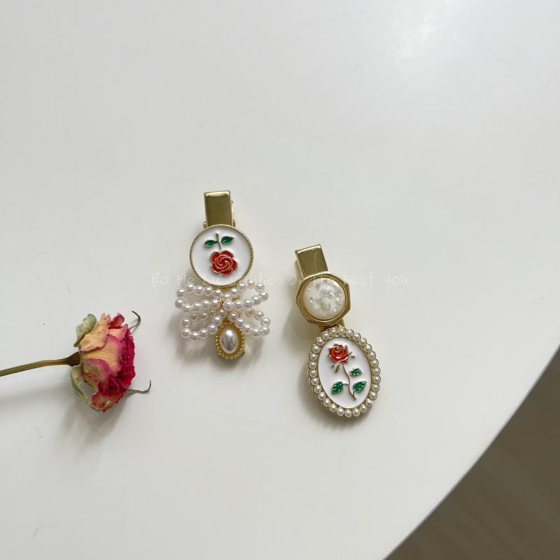Original Design French Pastoral Style Rose Pearl Barrettes Japanese Side Clip Hairpin Clip Fringe Bobby Pin Rose Hairpin