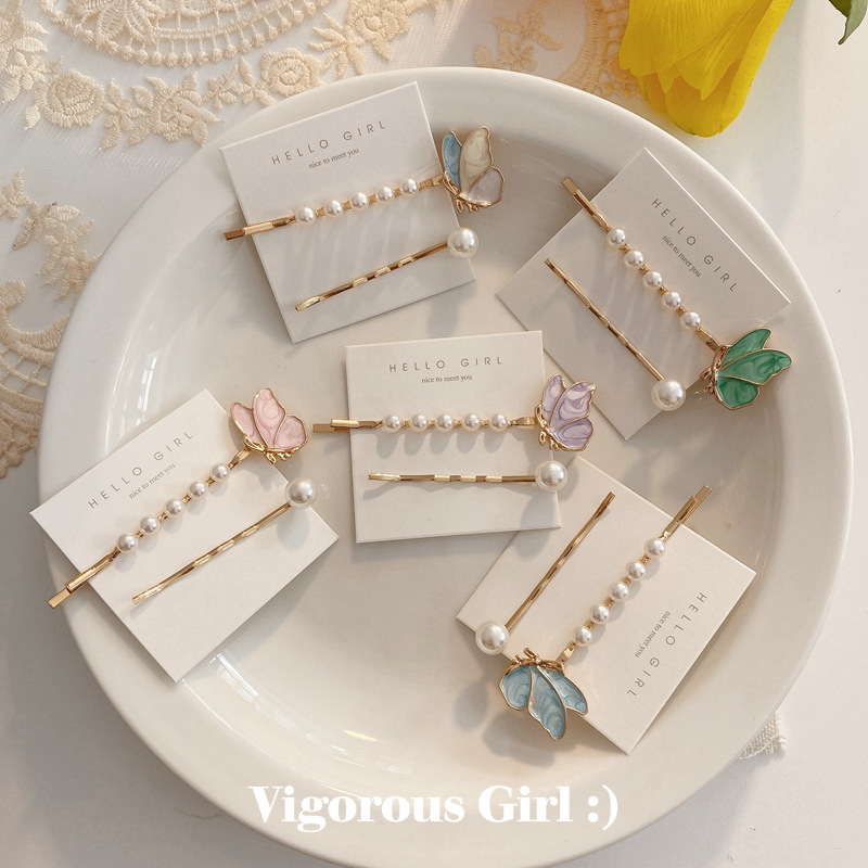 Sweet Butterfly Pearl Hairpin Combination super Xiansen Department a Word clip Bangs clip hairpin female Headwear