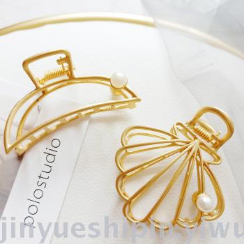 Internet Celebrity Ins Simple Metal Clip Pearl Hairpin Large Bath Hair Claws European and American Retro Hair Accessories