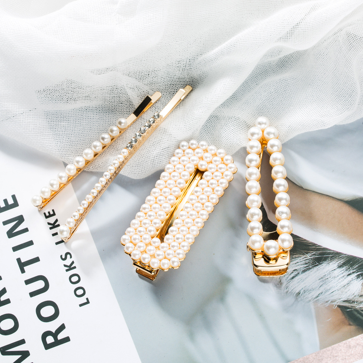 Fashion Brand Elegant Pearl Hairpin Set Combination Fresh Duckbill Clip Four-Piece Set European and American Hairpin