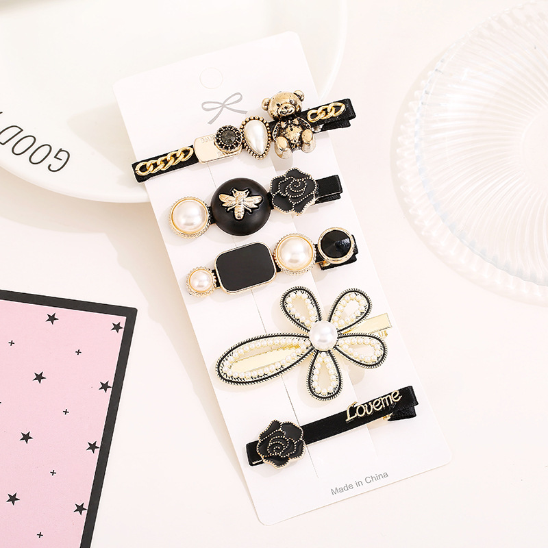 Korean Style Internet Celebrity Dongdaemun Feather Alloy Barrettes 6-Piece Set Scissors Pearl Hairpin Clip Grip Duckbill Clip