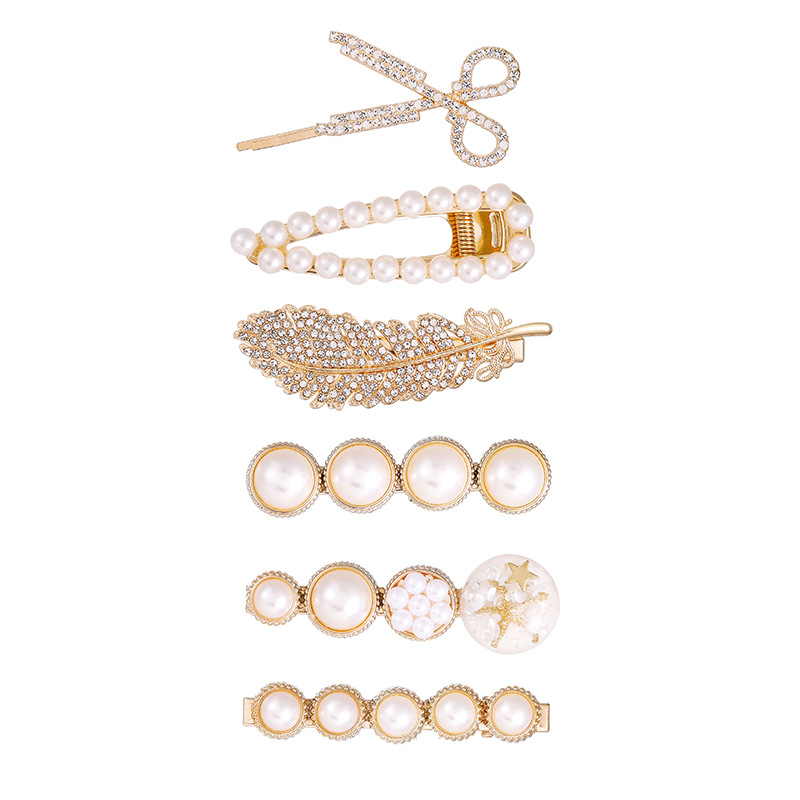 Korean Style Internet Celebrity Dongdaemun Feather Alloy Barrettes 6-Piece Set Scissors Pearl Hairpin Clip Grip Duckbill Clip
