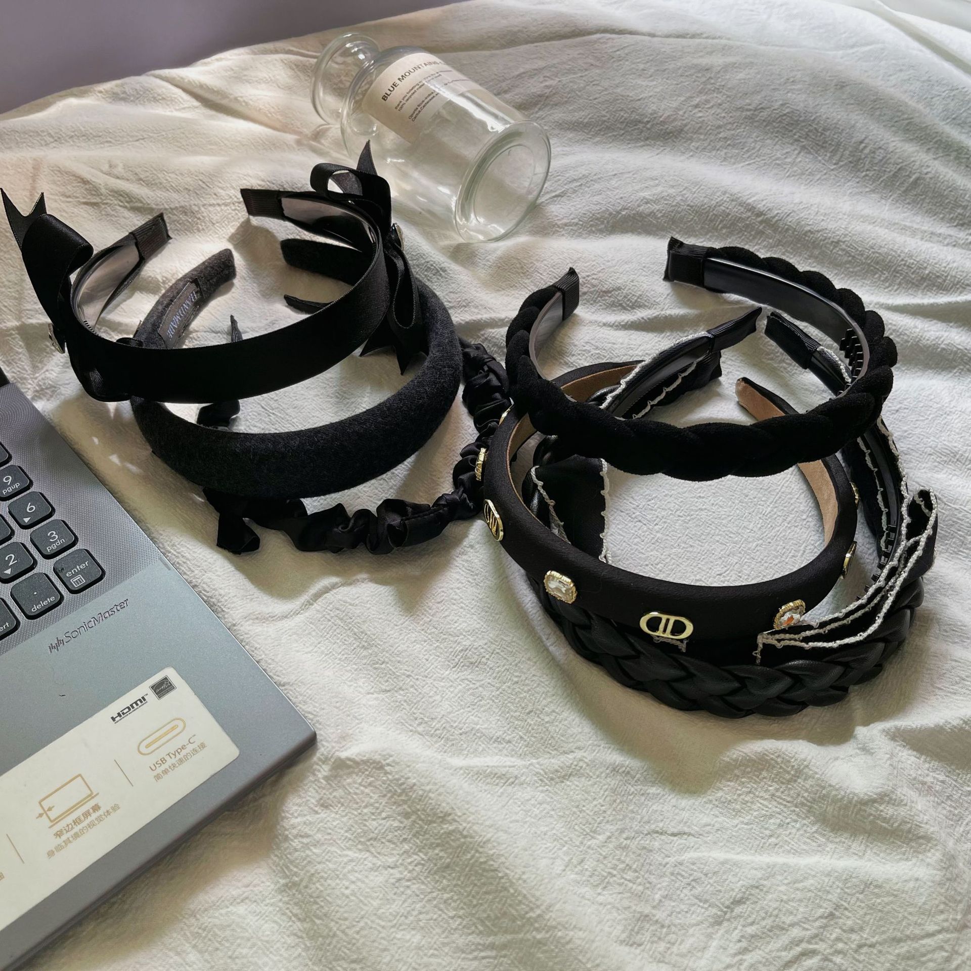 About Black ~ French Black Headband Sweet Black Pearl Hairpin Knitted Headband Height Increasing Headband Wide Edge Hair