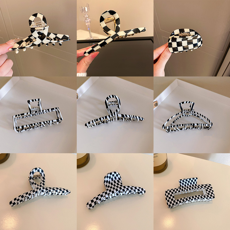 Simple Black and White Chessboard Grid Barrettes Korean Ins Large Geometric Acrylic Back Head Shark Clip Acrylic Hairpin