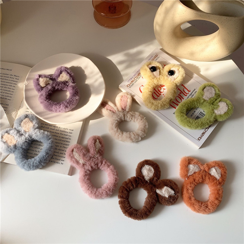 Autumn and Winter Fur Animal Hair Ring Three-Dimensional Rabbit Bear Ear Hairpin BB Clip Plush Bang Clip Rabbit Hairpin